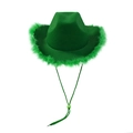 Chapeau de cowboy vert avec bordure en plumes et mentonnière pour fêtes festives - Taille Adulte (58cm) / Plume Verte