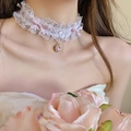 Detail of white lace choker with pink ribbon bows and a heart-shaped pendant on neck - 28# Pink Bow Heart Lace Choker