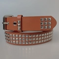 Ceinture punk orange en cuir avec trois rangées de clous pyramides argentés et boucle métal - 3.5*105CM / Ceinture Marron à Pyramide Argentée