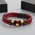 Double-layered red braided leather bracelet for men with golden beads and magnetic clasp - Red Double Braided Gold Beads Magnetic Buckle (KB93849-BD)