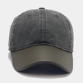 Detail of contrast stitch baseball cap featuring dark denim crown and olive green brim - Adjustable / Army Green