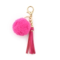 Porte-clés pompon rose rouge avec frange en cuir et mousqueton doré de style moderne - Rouge Rose