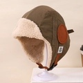 Kinder Fliegermütze in Olivgrün mit dickem Lammfellfutter und verstellbarem Riemen - Kinder ca. 3-10 Jahre / Dunkelbraun