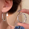 Textured 925 silver hoop earrings with diamond-cut geometric pattern for women - A2259 Silver Etched Giant Hoops