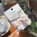 Pink and white fabric hair clips set with sweet embroidered dots and green bow detail - Pink Polka Dot Stripe and Green Bow Clip Set