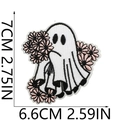 Detail view of a ghost embroidery patch holding pink daisies with dimensions 7x6.6cm - Style 21 - Flower Ghost B