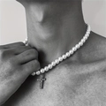 Close-up of hip-hop pearl necklace with a sparkling rhinestone cross pendant on a model - A2-14 (Small Cross)