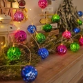 Colorful textured Christmas LED light balls in magenta green and blue on wood mantle - 1.5m 10-LED Battery Powered / Blue Green Rose Ball
