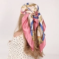 Pink and blue satin square scarf with golden chain patterns worn as an elegant headscarf - 90*90cm / Chain Belt Pink