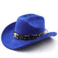 Detail of blue suede cowboy hat featuring black leather band and silver skull ornament - M (56-58cm) / Sapphire Blue