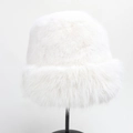 Close-up of thick white faux fur texture on a warm winter bucket hat for women - M (56-59cm) / White