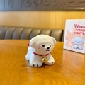 Cute geometric white puppy resin figurine with red woven collar and golden bell ornament - Wang Wang Jiao Teddy