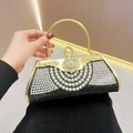 Elegant evening handbag with black and white pearls and crystal flower clasp closure - Black