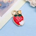 Cute strawberry alloy pendant with red enamel, gold leaf, and small amber rhinestone - 1 Piece/Pack (9x14mm)