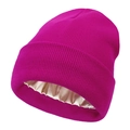 Detail view of purple knit beanie featuring a smooth satin lining for hair protection - Rose Red