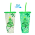 Reusable 710ml color changing cold cup with Christmas tree design and straw - 701-800ml / Christmas Tree Outline (Green)