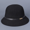 Detail of black knit bucket hat featuring a chic leather band and gold metal buckle - M(56-58cm) / Black