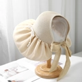 Eleganter Sonnenhut aus Stroh und Satin für Damen mit Perlenbogen und langen Bändern - Kopfumfang 55-57cm (Einstellbar) / Cremeweiß Perlen-Schleifen-Stil (80173#)