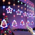 Multicolor LED Christmas window curtain lights with stars, reindeer, and remote control - USB Remote Control / Snowflake Star Ring + Xmas Tree Ring