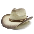 Classic woven straw cowboy hat in beige with vintage brown gradient finish for sun protection - M (56-58cm) / Cross-stitch Leather Band Style (1)