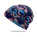Floral slouchy beanie in pink, blue and navy multi-color stretchy knit fabric - Cyan Blue and Pink Flowers