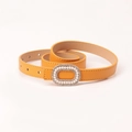 Fashionable yellow leather belt for women featuring a luxury pearl and rhinestone buckle - Yellow