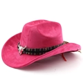 Dettaglio cappello cowboy in scamosciato fucsia con fascia etnica e testa di toro - M (56-58cm) / Rosa Rosso