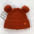 Cute rust red knitted beanie with bear ears and small heart patch detail - One Size / Caramel color