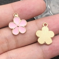 Pink enamel flower charms with gold textured back for DIY jewelry earring making - 1Pc Pink Flower 14x17mm