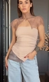 Close-up of beige lace choker and tube top with delicate floral lace trim detailing - S / Nude