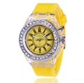 Detail of yellow silicone watch with rhinestone bezel and transparent case - Yellow