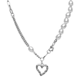 Asymmetrical necklace with faux pearls, metal chains and a textured hollow heart pendant - Silver Asymmetric Pearl Heart Splicing Necklace