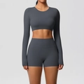 Deep grey yoga set featuring a long sleeve crop top and high-waisted fitness shorts - S / Top And Bottom / Graphite Grey
