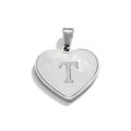 Silver stainless steel heart pendant with white mother-of-pearl and letter T inlay - Letter T / Steel