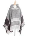 Herringbone hooded knit poncho with grey, black and pink stripes and fringe trim - Grayish White