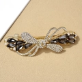 Elegant gold bow hair clip with black gemstones, sparkling crystals and white pearls - Bai Yue Graphite Black