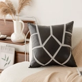 Luxury black geometric faux leather and woven gray fabric patchwork cushion cover - Black Diamond Geometric Leather Pillow Cover