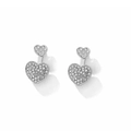 Silver-finish vertical double heart stud earrings with sparkling pavé rhinestones - Silver Pave (7006)