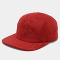 Detailed view of red five-panel suede camper cap with flat brim and high-quality stitching - Adjustable / Burgundy