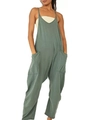 Detail view of dark green jumpsuit with thin straps and large side pockets - S / Top And Bottom / Green