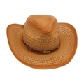 Brown western straw cowboy hat with leather band and golden feather detail - One Size / Khaki 1 (Gold Feather)