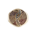 Gold-plated toucan ring with colorful cubic zirconia stones on white background - Blue and Purple Toucan Style (CR0312DX)