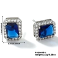 Detailed macro view of square emerald cut blue zircon stud earrings with size dimensions - Deep Blue Rectangle Style (E01049B-1)