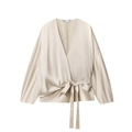 Top cruzado de lino mezclado champán con lazo en cintura, vista plana de alta calidad - XS / Albaricoque