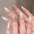 Pink and white ombre French press-on nails with luxury rhinestones in long almond shape - JP4272 Style