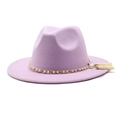 Stylish light purple wool fedora hat with elegant pearl chain and tassel decorations - M (56-58cm) / Taro Purple