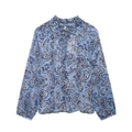 Women's blue paisley chiffon shirt with ruffle collar, tie neck and gold buttons - XS / Blue