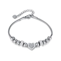 Silbernes Edelstahl-Perlenarmband mit mattiertem Herzanhänger und Zirkonia-Perlen - Stahlfarbe