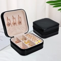 Portable square black PU jewelry box with zipper and beige velvet lining compartments - Polished Black Agate
