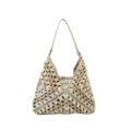 Handcrafted hollow out straw woven bag in beige and light brown with shoulder strap - Beige